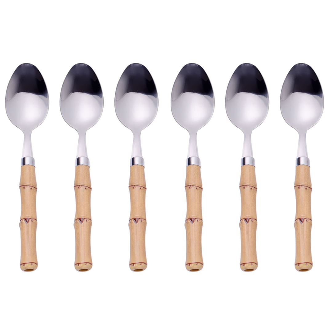 Jogo 6 Colheres P/ Chá Aço Inox e Cabo Plástico Bambu Natural 16cm